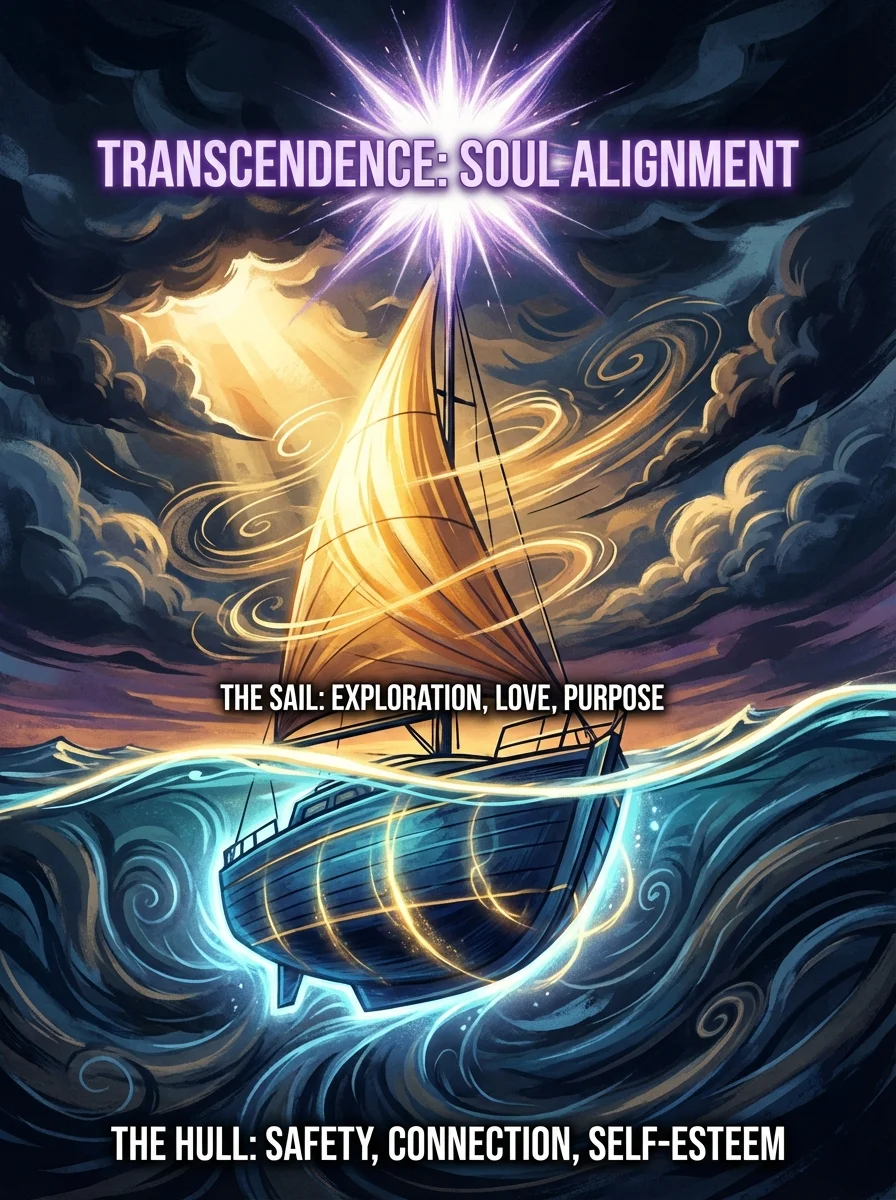Sailboat metaphor showing hull security needs, sail growth needs, and transcendence peak experiences for psychological well-being