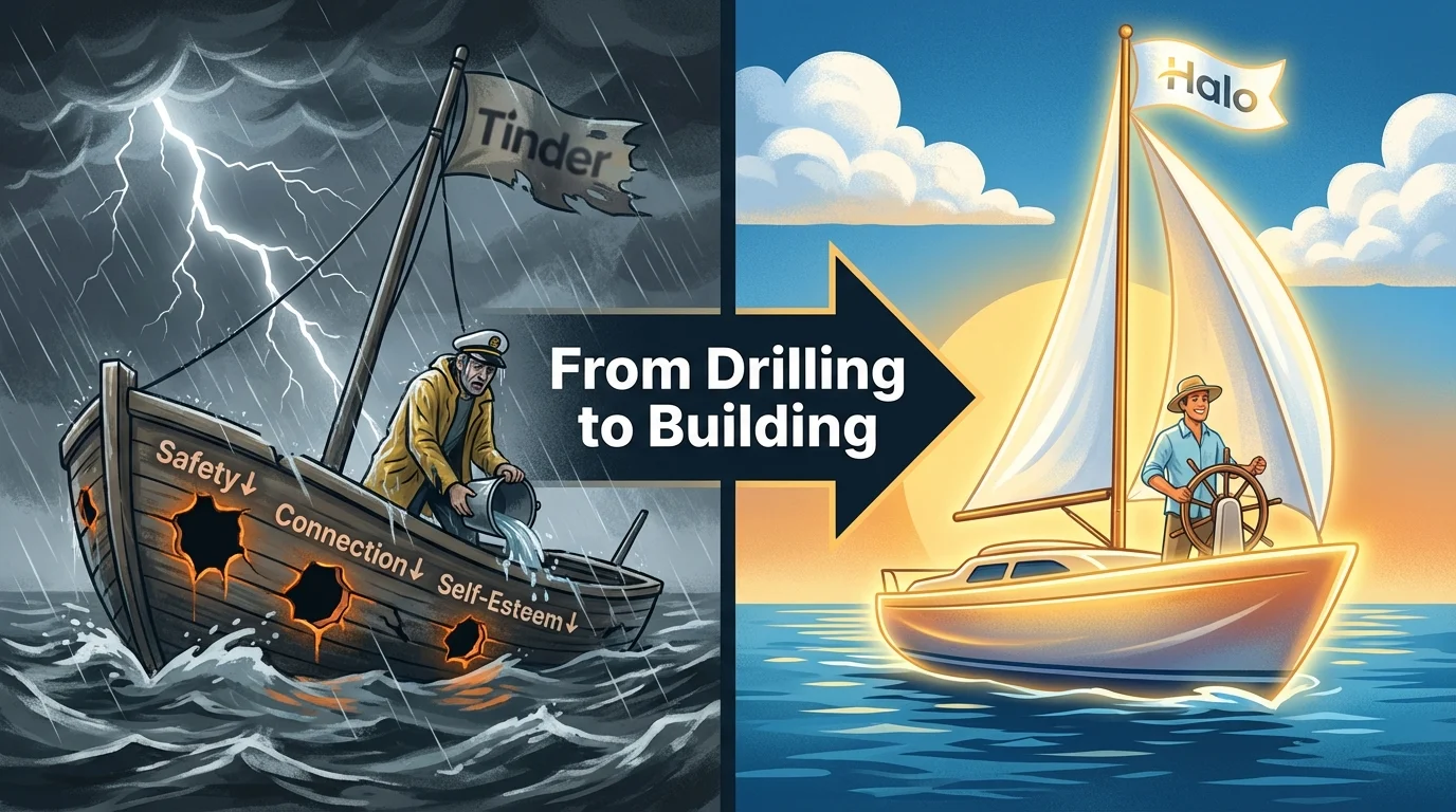 Comparison showing Tinder broken boat sinking with damaged hull versus Halo solid boat sailing with intact security needs