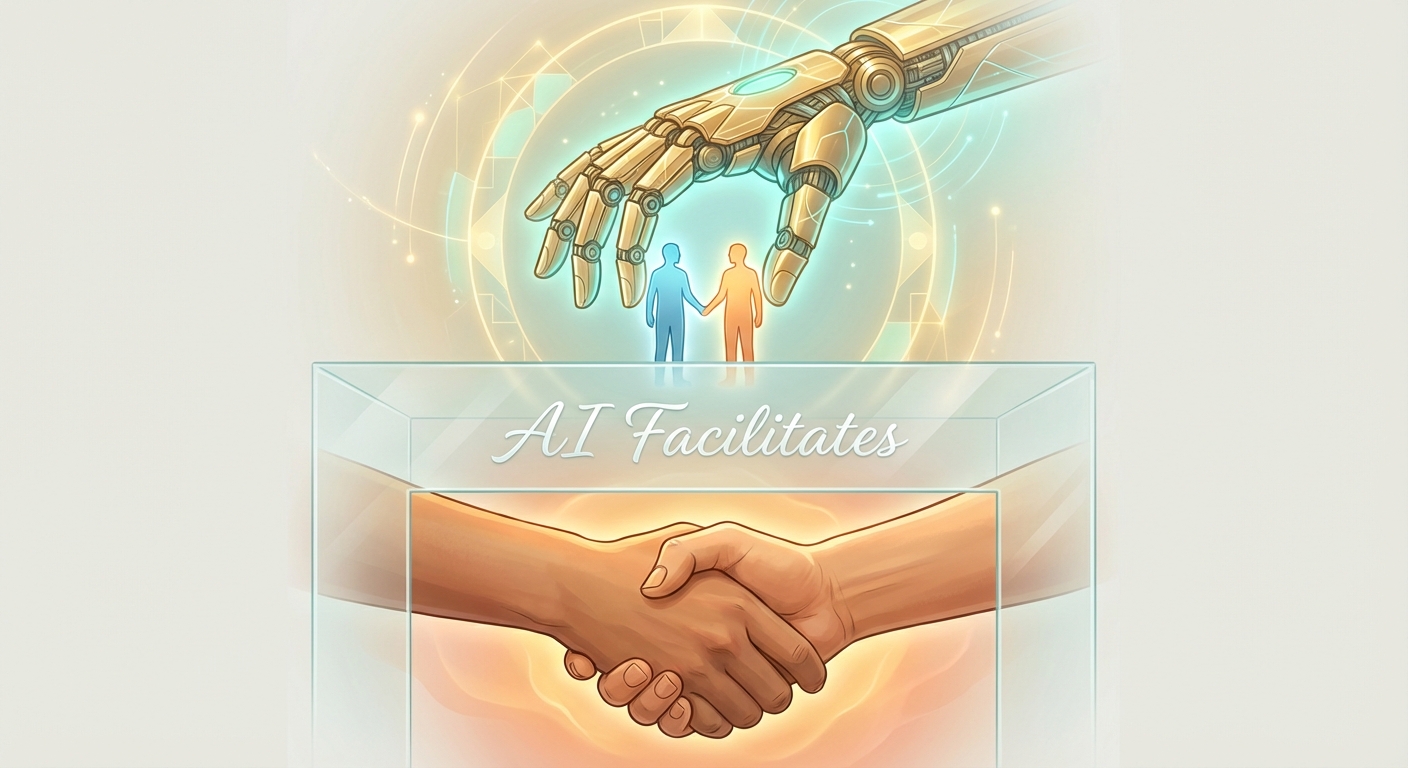 AI as icebreaker facilitating but not replacing human connection, showing AI bridging the gap while humans experience genuine chemistry