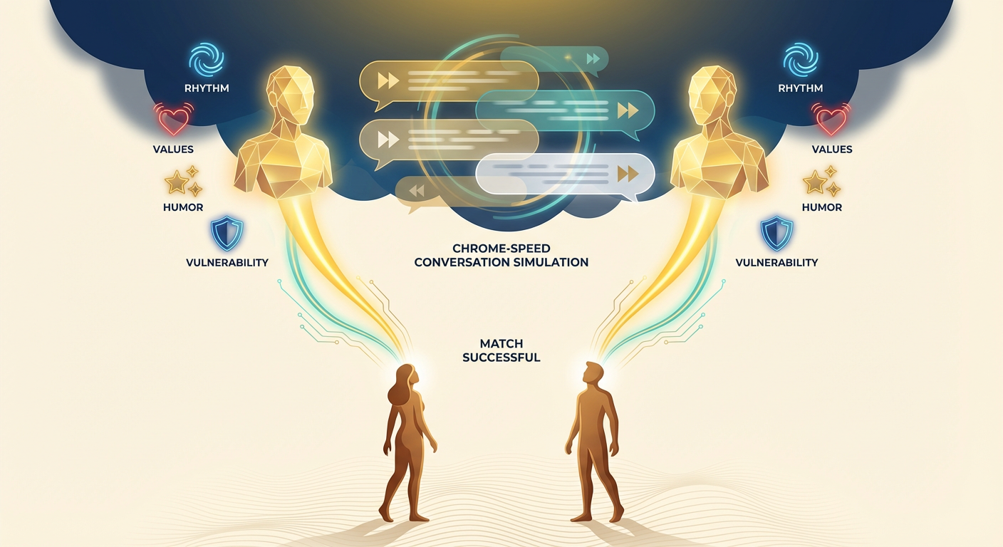 Digital twin compatibility testing visualization showing AI agents conducting 1,000 simulated conversations in the background to test compatibility dimensions