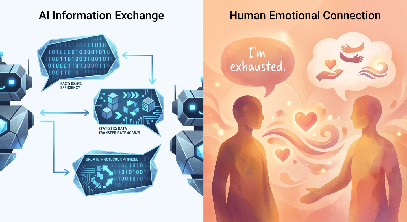 AI information exchange versus human emotional connection showing cold data transfer versus warm empathy and understanding