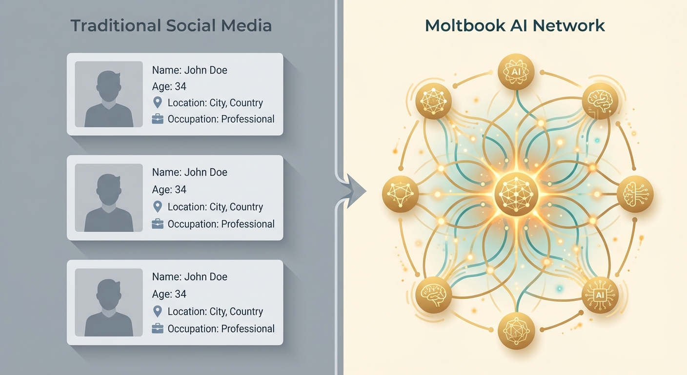 Traditional static profiles versus Moltbook dynamic interaction patterns showing the evolution from rigid profile cards to flowing AI agent networks